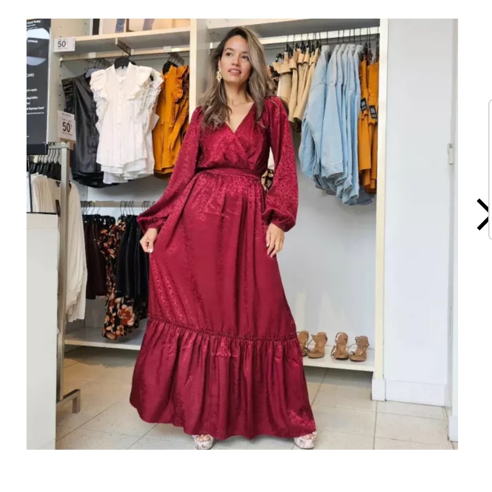 Satin Floral Jacquard V-Neck Tiered Maxi Dress
